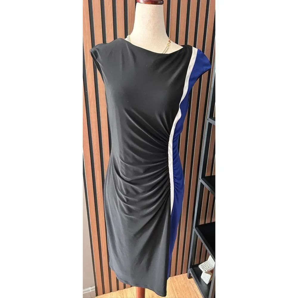 Lauren Ralph Lauren Women's Black Blue Sheath Dress Colorblock Size 8 stylish wo